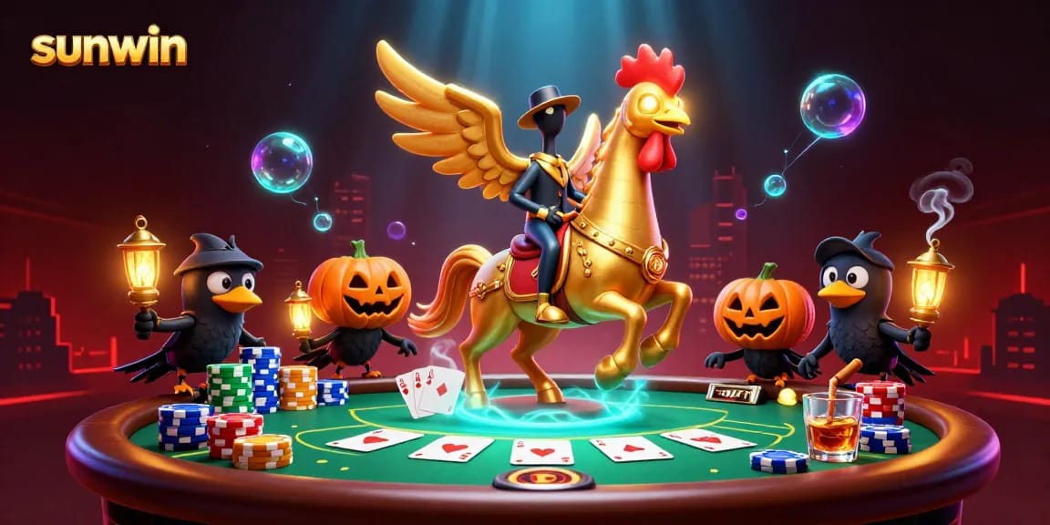 Experience thrilling gameplay at sunwin with a golden rooster and poker elements in a vivid casino scene.