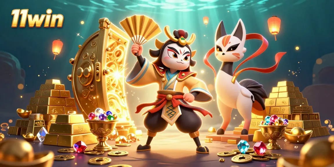 11win showcases an exciting casino scene with kabuki warrior and kitsune amidst treasures and game elements.