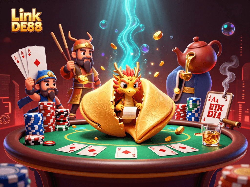 Play and win at Link DE88 with dragon fortune cookies, poker chips, and casino excitement!