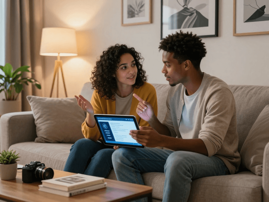 Couple using AI sex technology to enhance their relationship in a cozy living room.