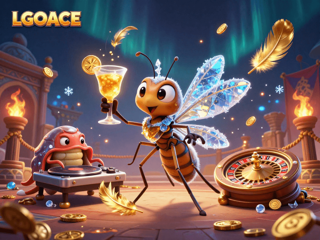LGOACE showcases an animated casino scene with vibrant characters, spinning roulette, and immersive gaming elements.