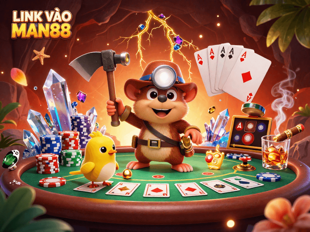 Engage with LINK VÀO MAN88, a vibrant 3D illustration of a treasure hunter mole in a dynamic casino scene.