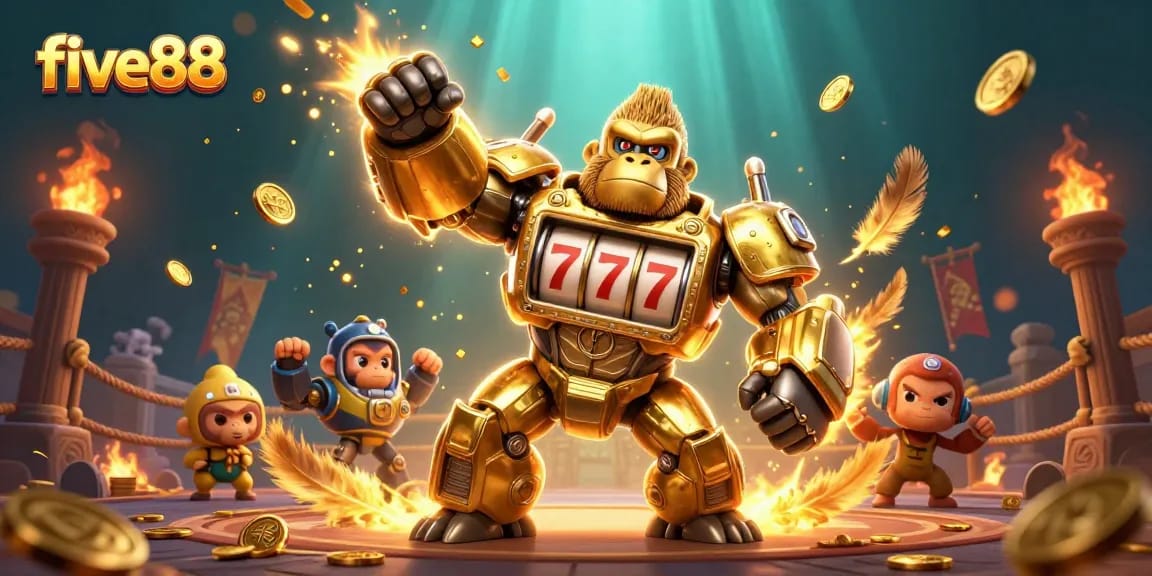 Engage in epic gambling battles at five88 with a golden gorilla mech and vibrant casino elements.