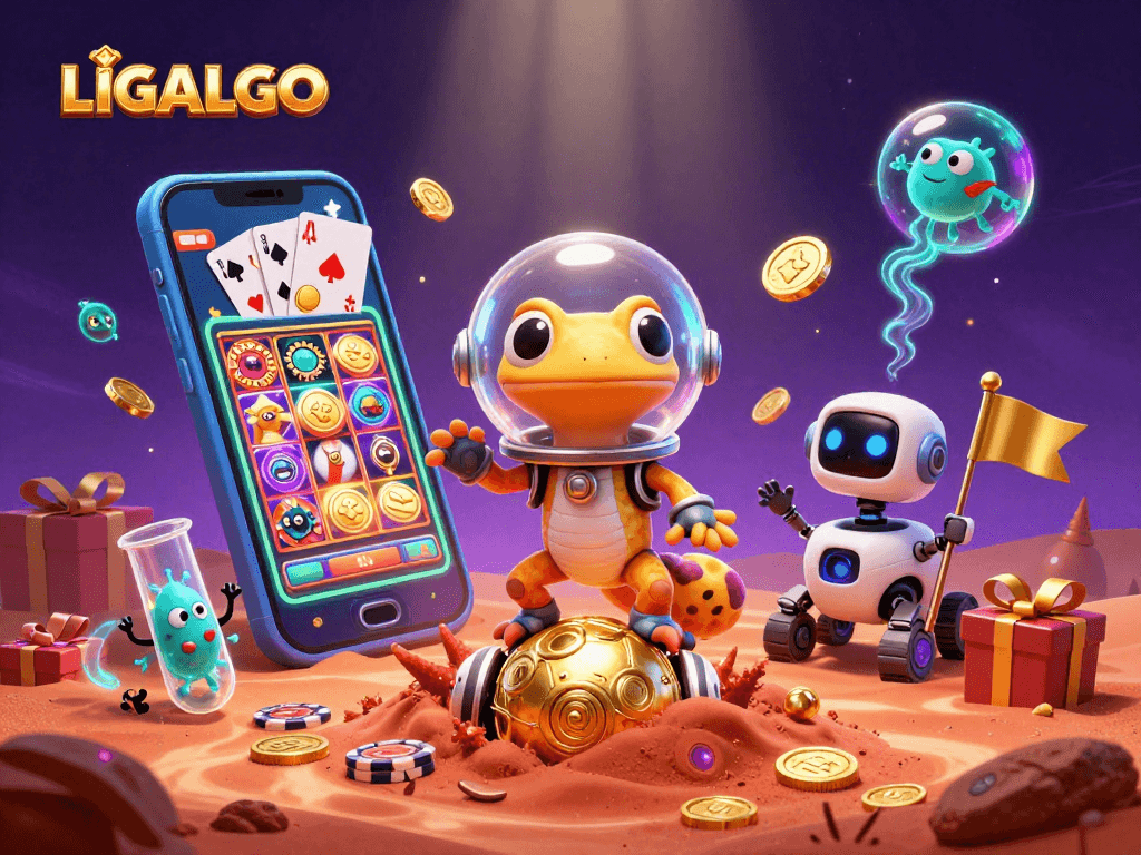 LIGALGO showcases a vibrant Martian casino scene with a gecko discovering games.