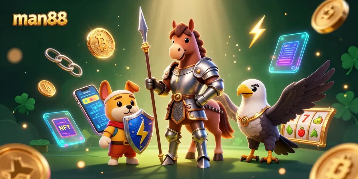 man88 showcases a medieval knight, puppy squire, and falcon amidst slot reels and coins. Elevate your gaming!
