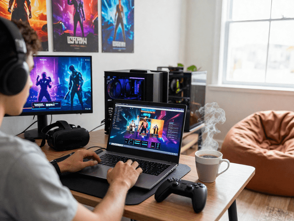 Engaging in a vibrant porn game on a sleek laptop with colorful gaming elements.