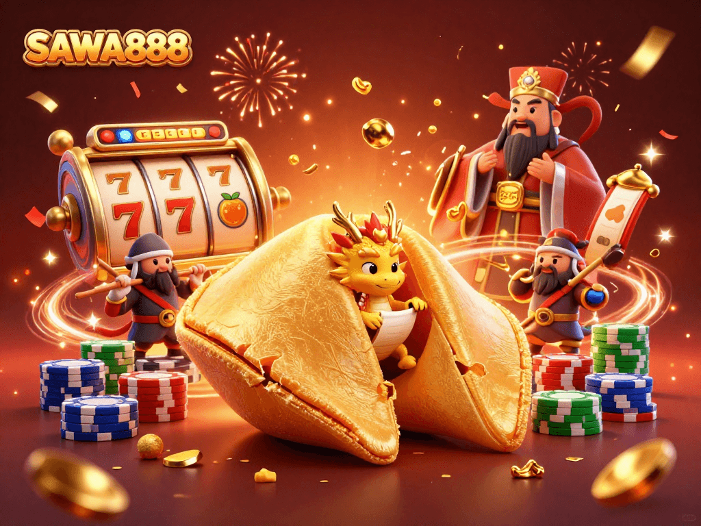 Experience exciting jackpot wins on SAWA888 with vibrant slot reels, golden energy, and festive characters.