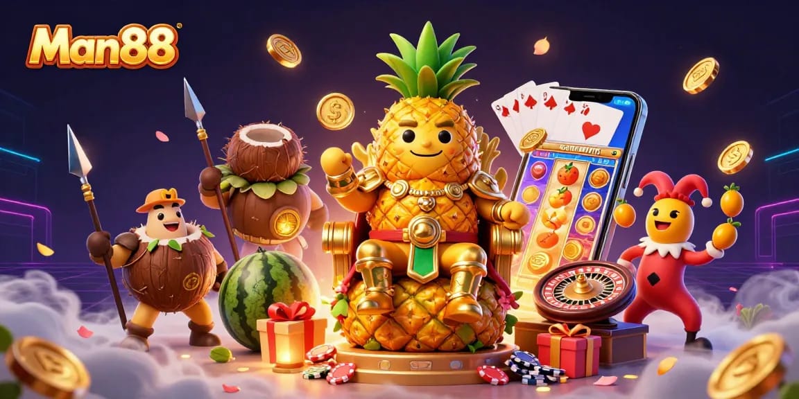 Experience the action with Man88's tropical casino adventure featuring golden pineapple king