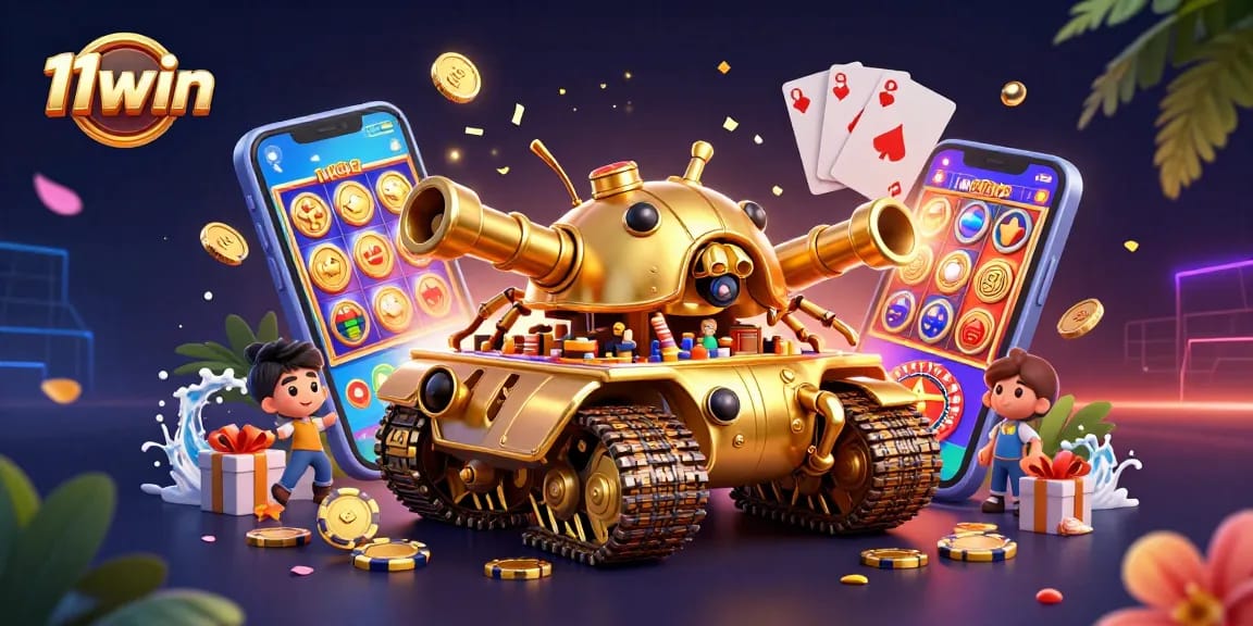 Experience thrilling games with 11win's vibrant casino scene showcasing a golden beetle tank.