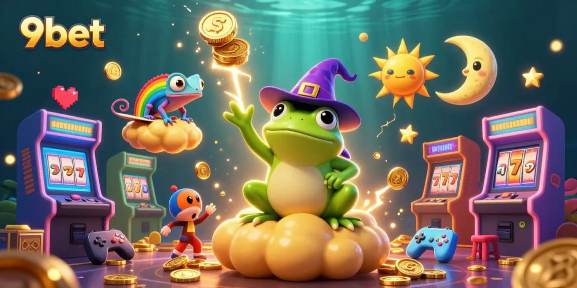 Immerse in the action with 9bet’s vibrant casino scene, showcasing rich gaming elements and cartoon characters.