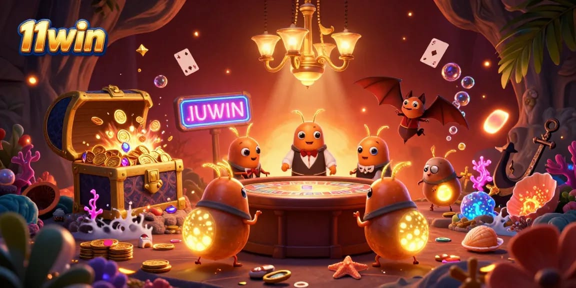 Experience 11win's vibrant cave casino scene filled with glowworms, treasures, and a bat dealer.