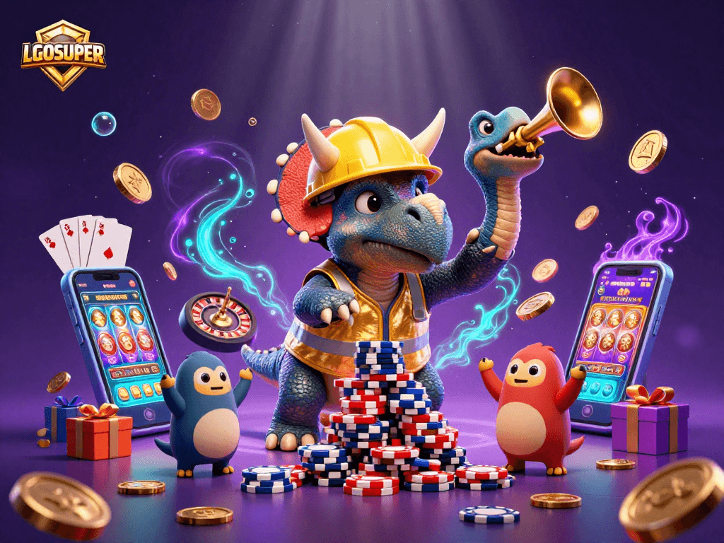 Experience thrilling gameplay with LGOSUPER in a vibrant 3D casino scene featuring poker chips and slot games.