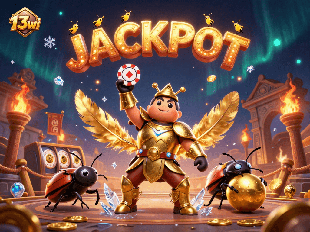 Engage with the exciting 13wi experience showcasing a beetle hero lifting a poker chip in a vibrant casino setting.