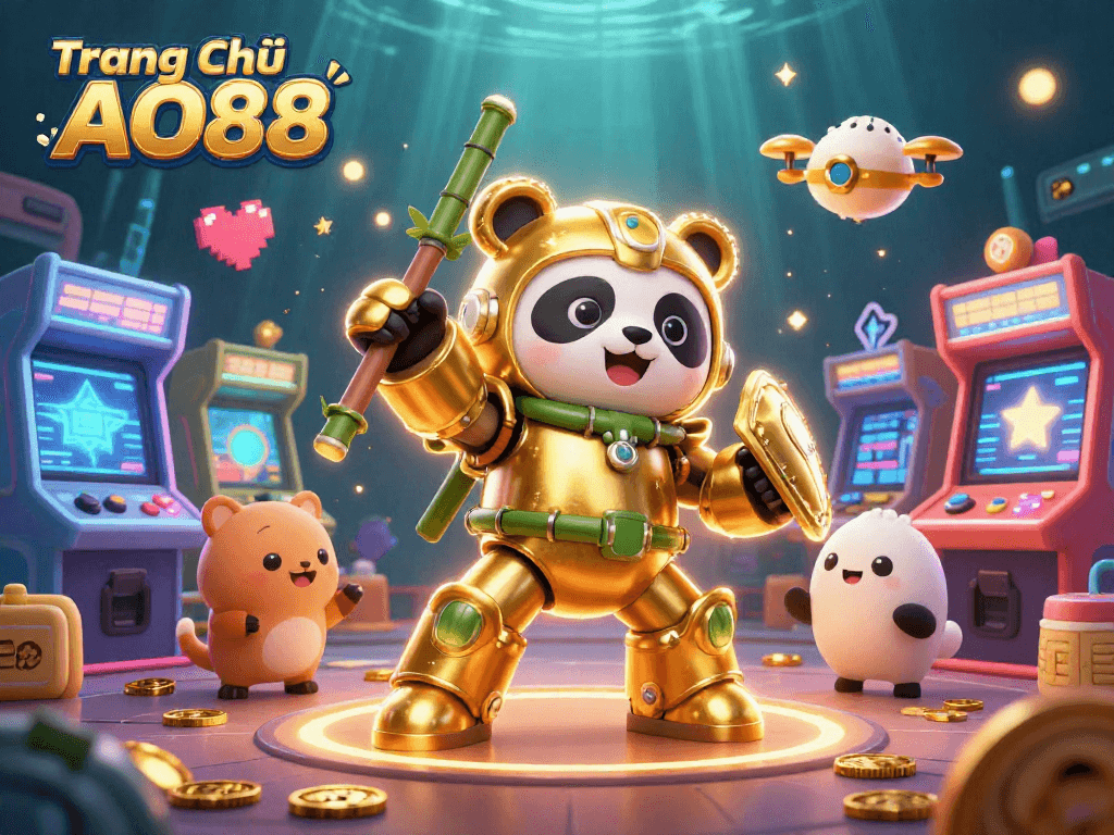 Engage in action at Trang Chủ AO88 with golden panda piloting a bamboo robot in a vibrant casino scene.