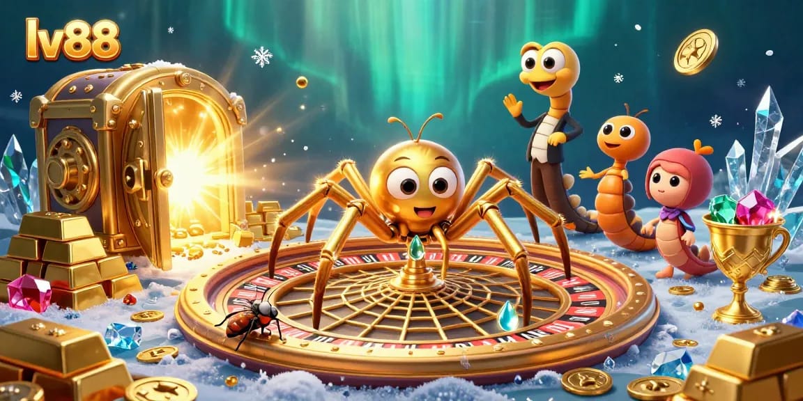 Experience thrilling bets at lv88 with a golden spider, roulette wheel, and treasure bursts.