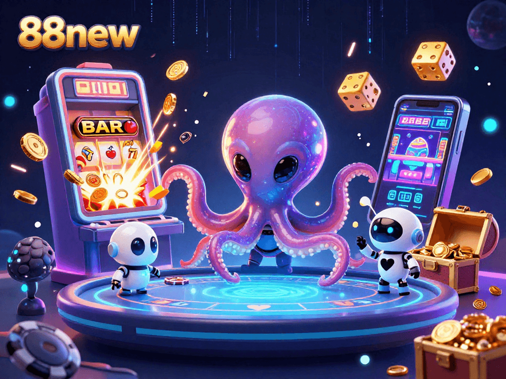 Engage with 88new's thrilling online gaming universe featuring an alien octopus and vibrant casino action.