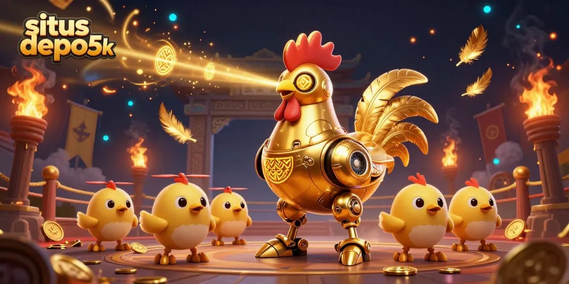Engage in situs depo 5k excitement with a golden rooster robot and baby chick drones in a vibrant arena.