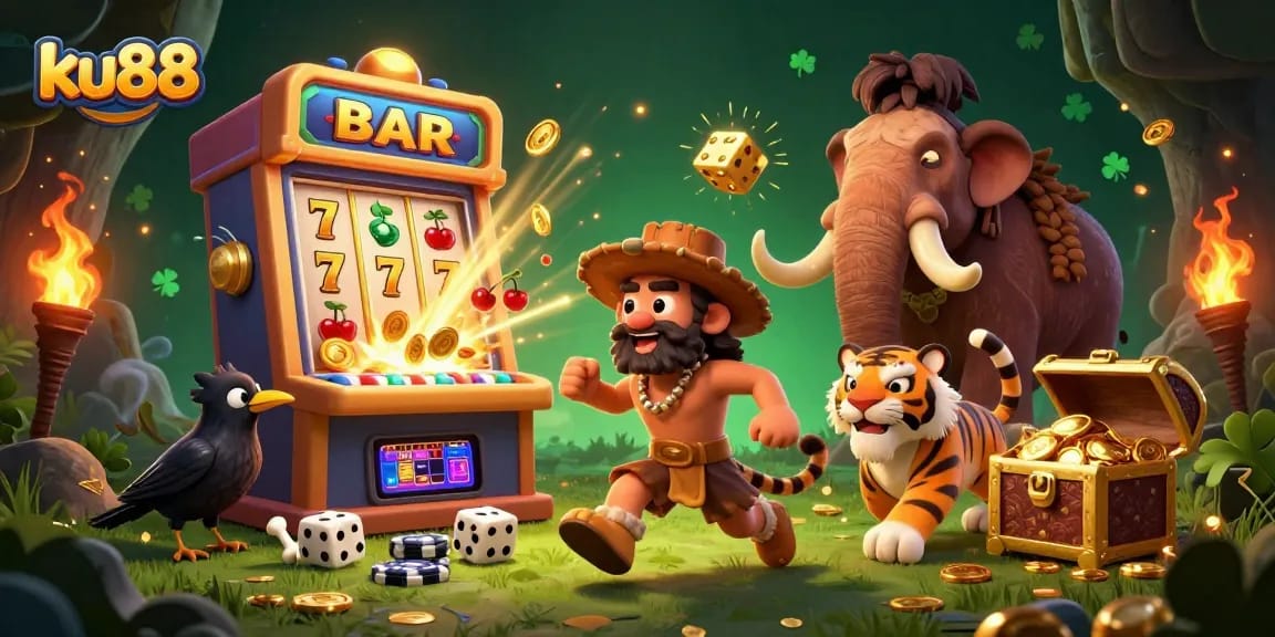 Engage with ku88's thrilling 3D casino scene showcasing prehistoric gamers and winning jackpots