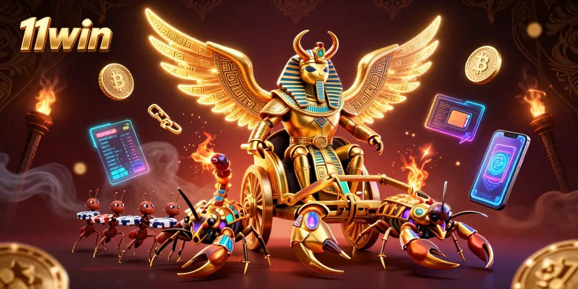 Experience the thrilling world of 11win with a vibrant scene featuring a golden scarab and crypto symbols.