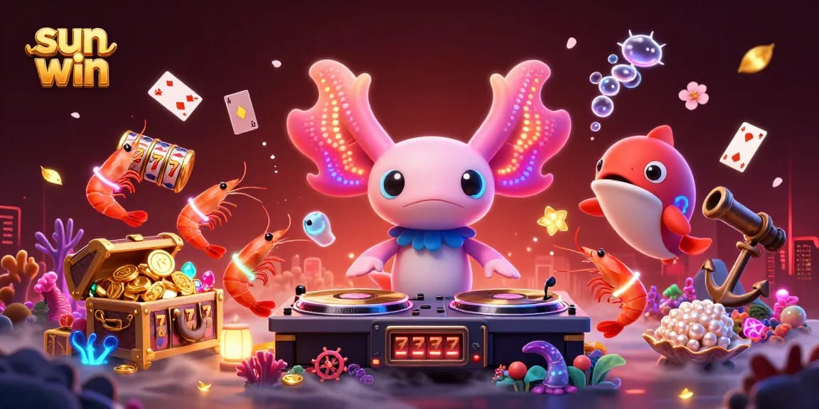 Experience sun win excitement with an axolotl DJ, vibrant jackpot slots, and lively underwater festivities.