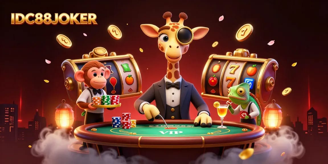 Play slots with IDC88JOKER's vibrant 3D characters at a lively casino scene filled with action and excitement.