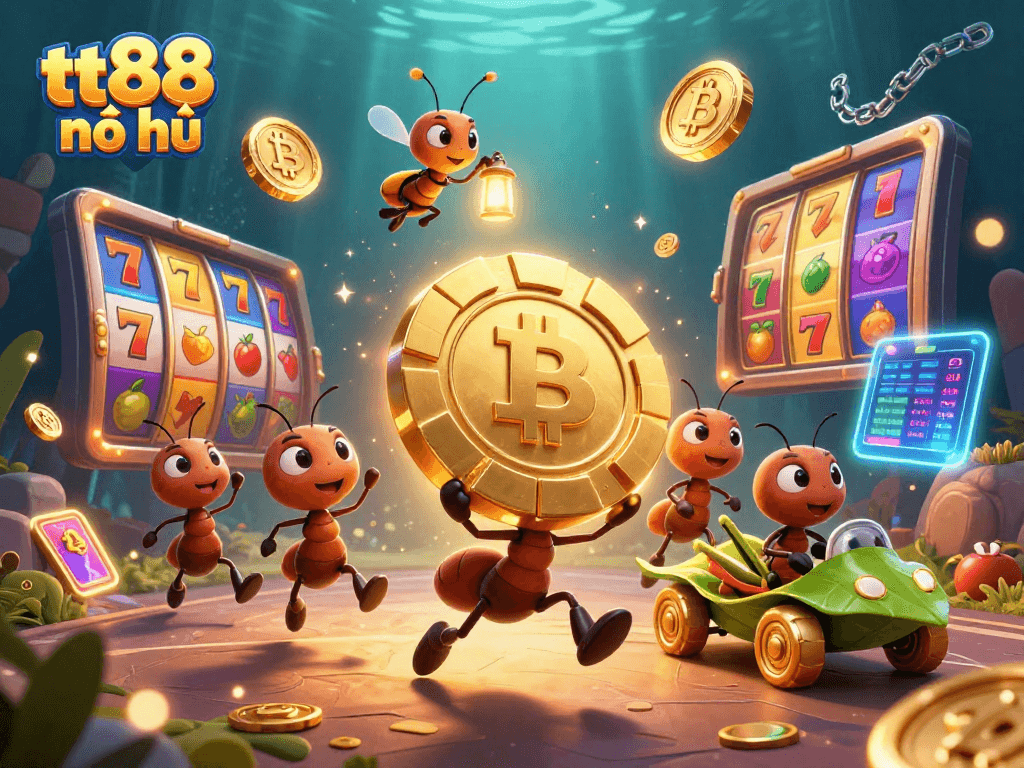 Experience thrilling adventures with tt88 nổ hũ slot heist, featuring ants, crypto coins, and vibrant casino elements.