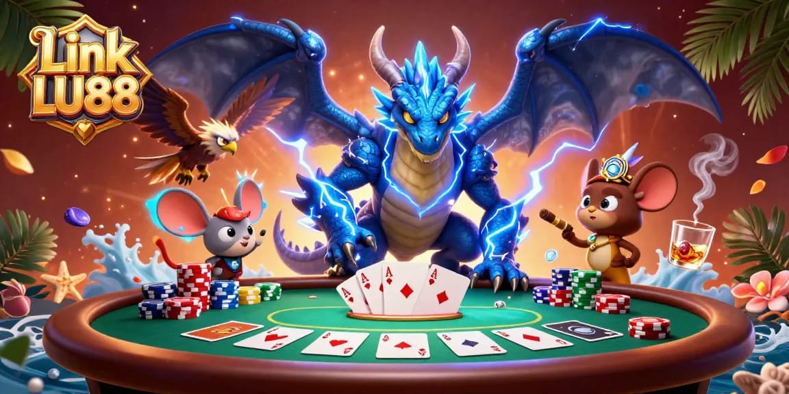 Engage in thrilling poker action with Link LU88 showcasing dynamic characters around a vibrant gaming scene
