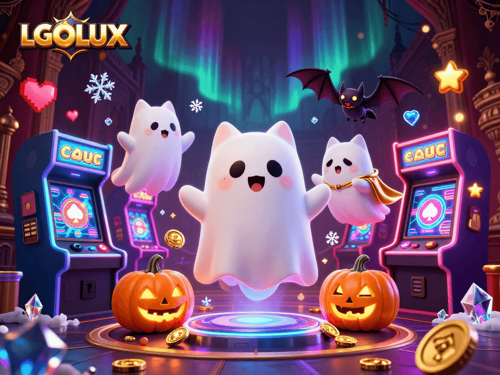 Engage with LGOLUX in this vibrant gaming scene featuring friendly ghost cat and dynamic casino elements.