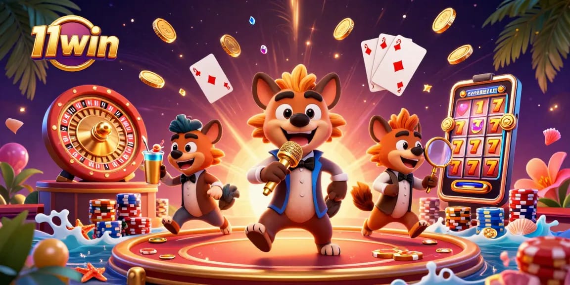 Experience thrilling gaming moments at 11win with a vibrant casino scene featuring hyena characters.