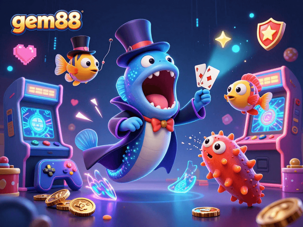 Experience gaming excitement with gem88, featuring underwater characters engaged in thrilling card tricks.