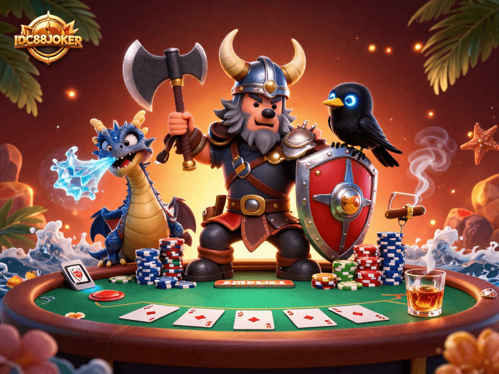 Experience IDC88JOKER's thrilling action with a Viking warrior, dragon, and poker elements in a vibrant casino setting.