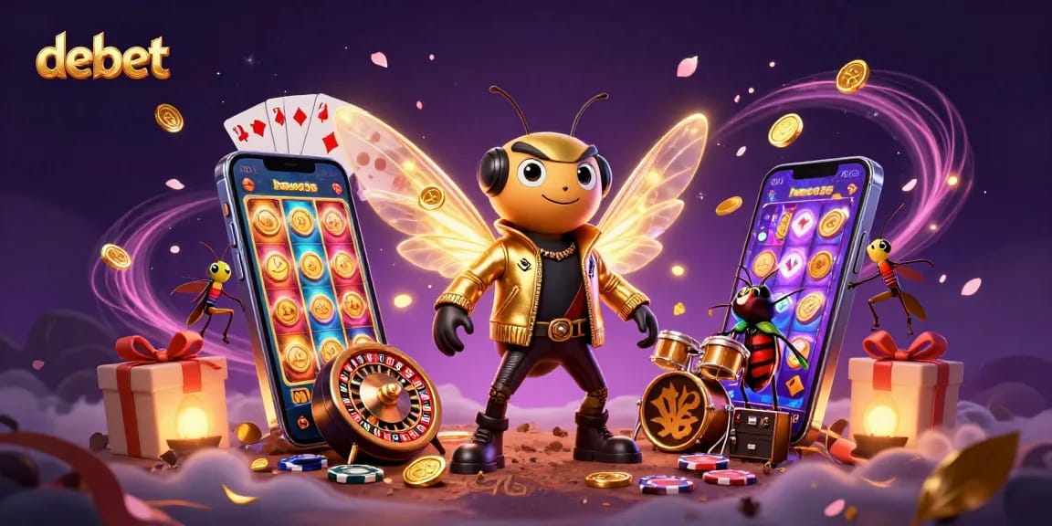 Engage in thrilling gameplay with debet's vibrant casino-themed illustrated scene featuring a rock star and visuals.