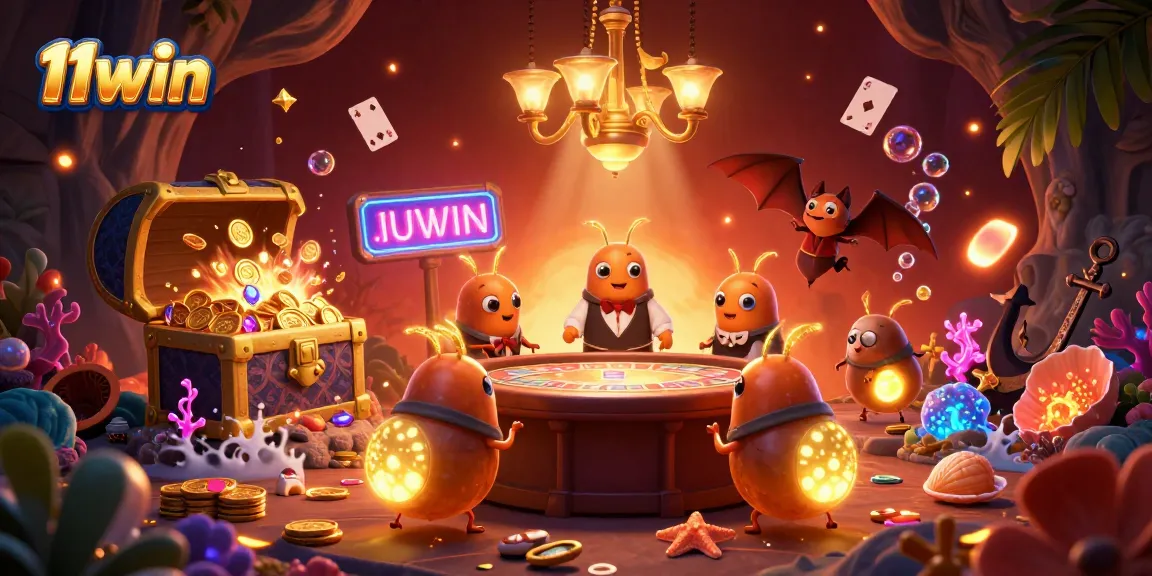 Experience 11win's vibrant cave casino scene filled with glowworms, treasures, and a bat dealer.