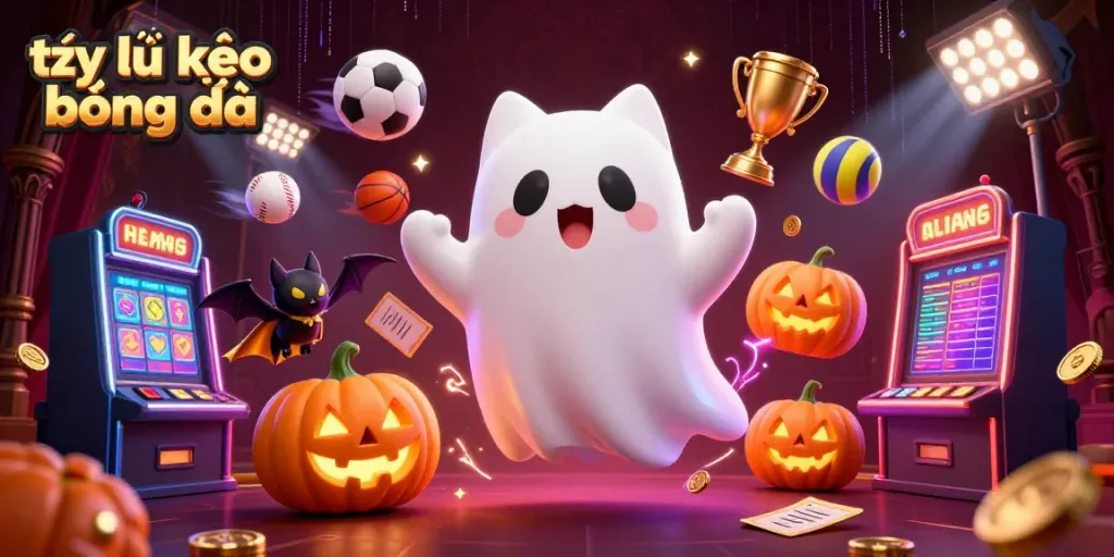 Engage in thrilling betting with tỷ lệ kèo bóng đá showcased through a playful ghost cat in a haunted casino.