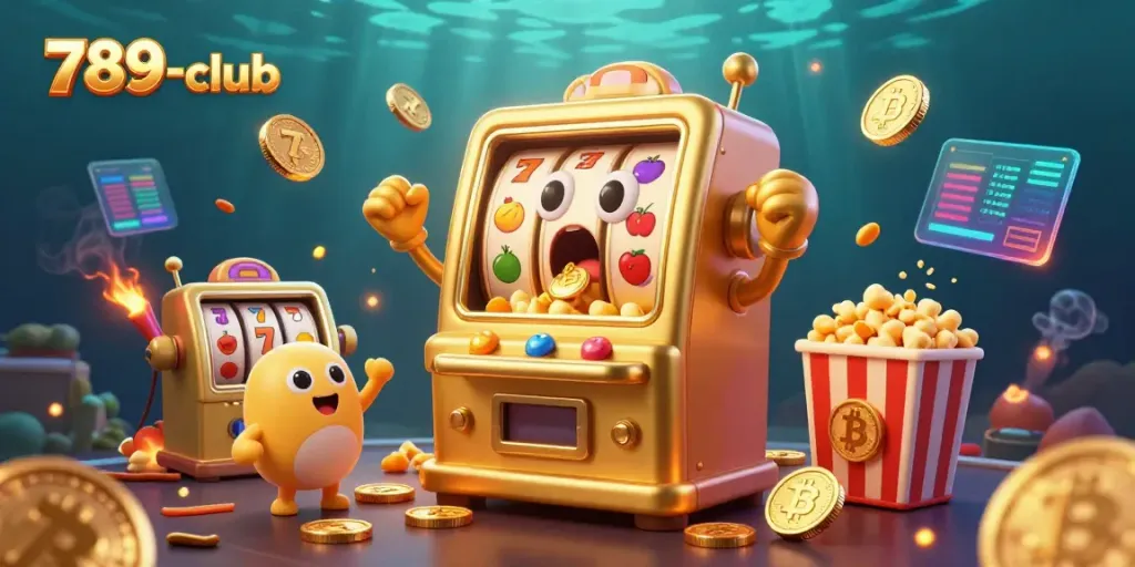 Experience the jackpot excitement with 789-club's golden slot machine hitting a jackpot amidst cheering companions.