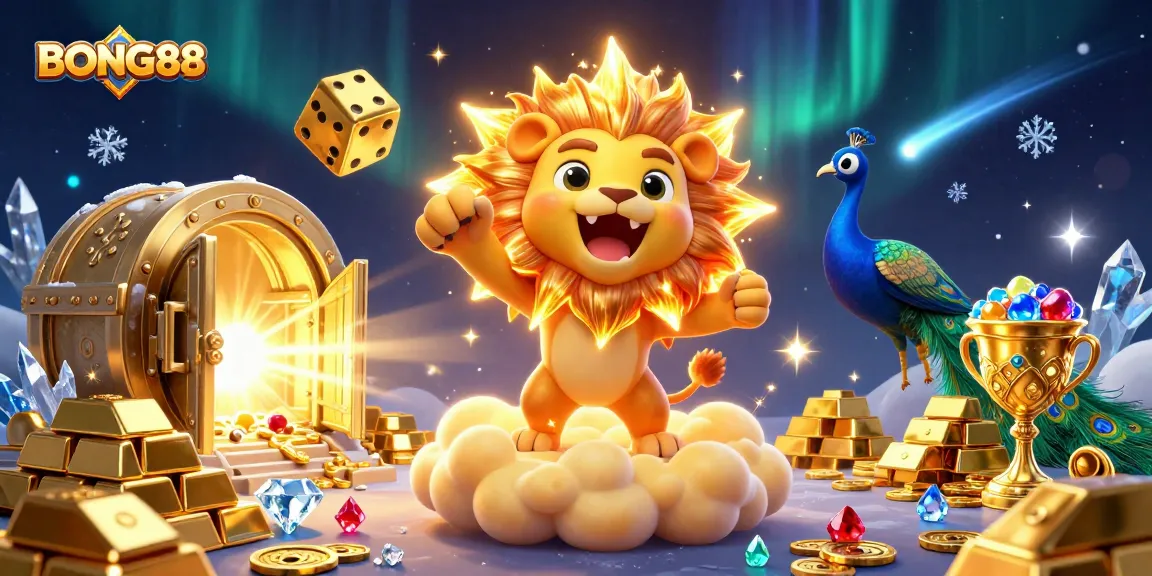 BONG88 brings excitement with a vibrant 3D lion, golden dice, and jewels in a casino-themed illustration
