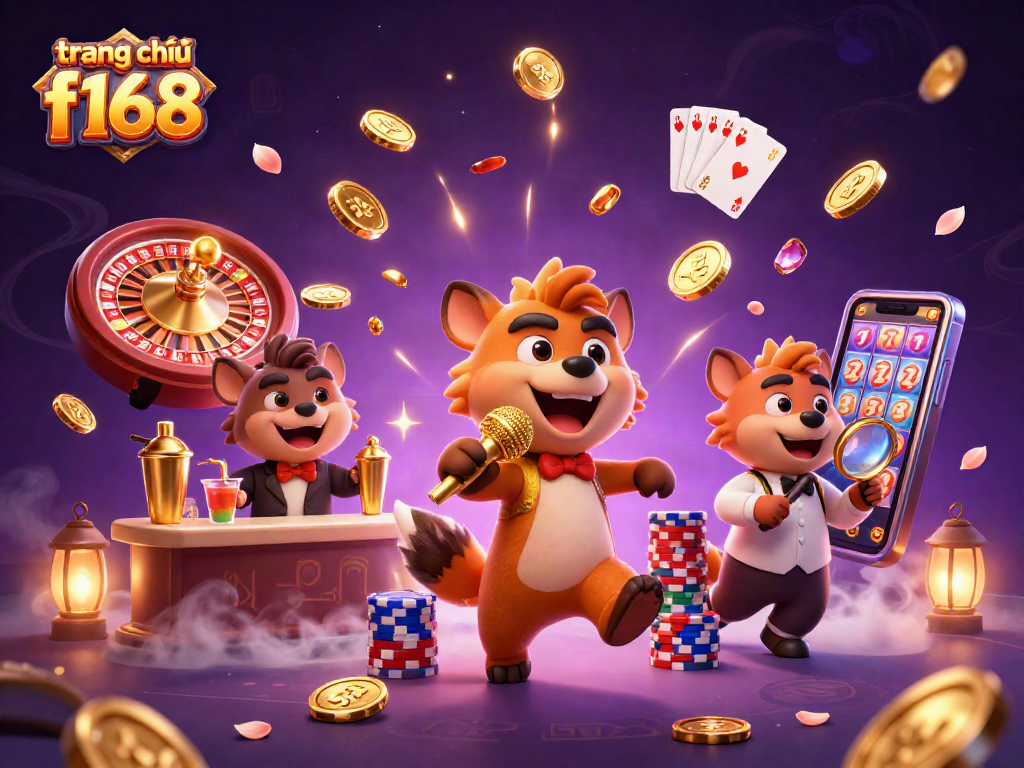 Engage with the excitement of trang chủ f168 at a vibrant casino with hilarious hyenas, golden coins, and a roulette wheel.