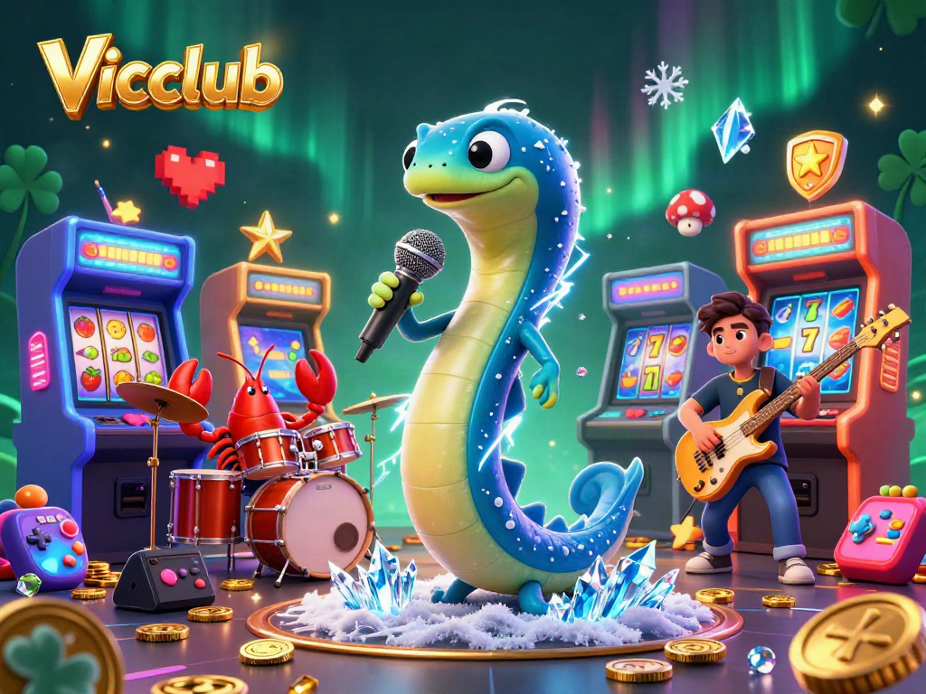 Experience the excitement of Vicclub as the electric eel DJ performs in an underwater casino with vivid slot themes.