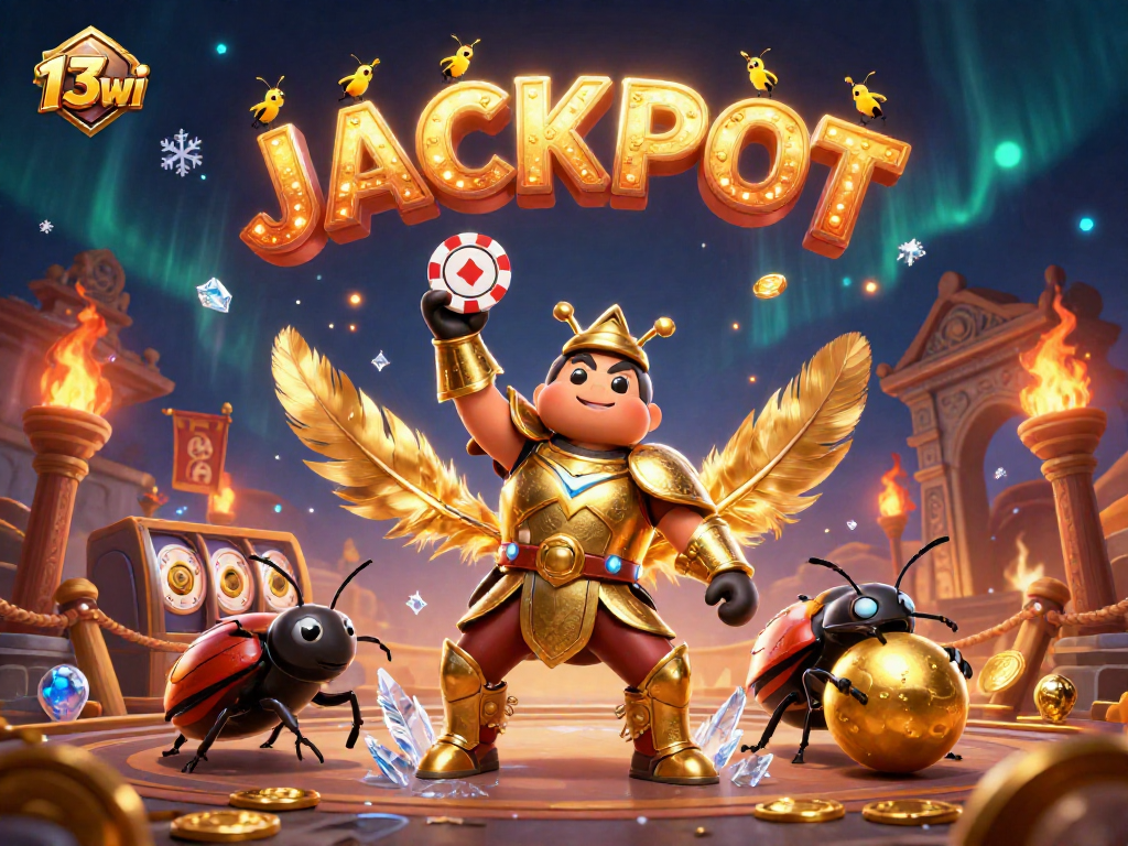 Engage with the exciting 13wi experience showcasing a beetle hero lifting a poker chip in a vibrant casino setting.