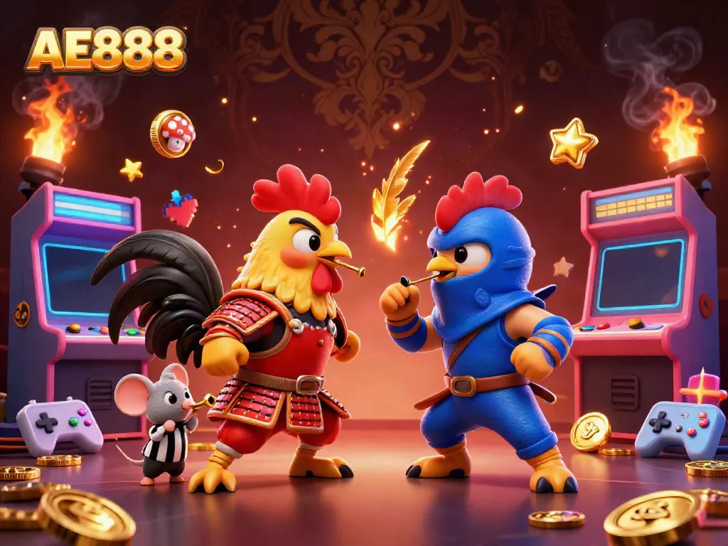 Engage with AE888's thrilling cockfighting scene featuring samurai and ninja roosters in action.