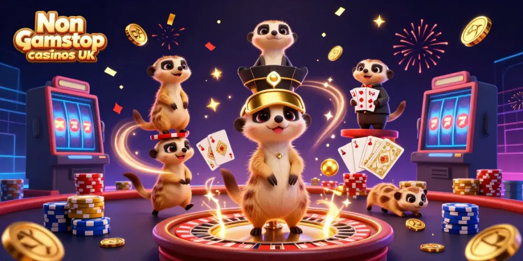 Join the excitement at Non gamstop casinos UK with lively meerkat characters running a bustling casino!