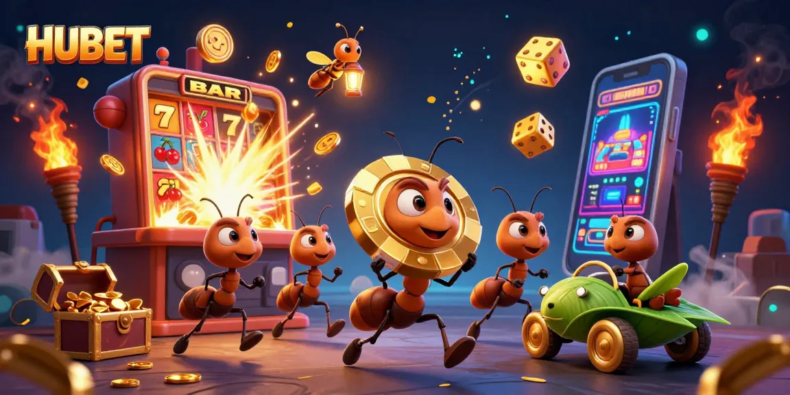 HUBET offers thrilling casino action with ants heisting a giant poker chip amidst a vibrant jackpot explosion.