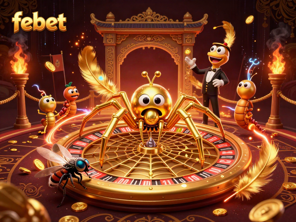 Spin the roulette in style with febet's golden spider and centipede croupier amidst dynamic casino scenes.