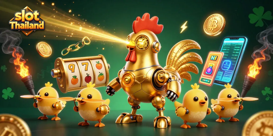 Slot Thailand menghadirkan robot ayam emas futuristik dengan simbol slot menampilkan permainan keberuntungan yang penuh warna.