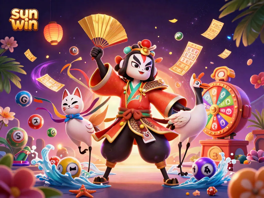 Engage with sun win and enjoy thrilling lottery games through vibrant balls, golden tickets, and dynamic scenes.
