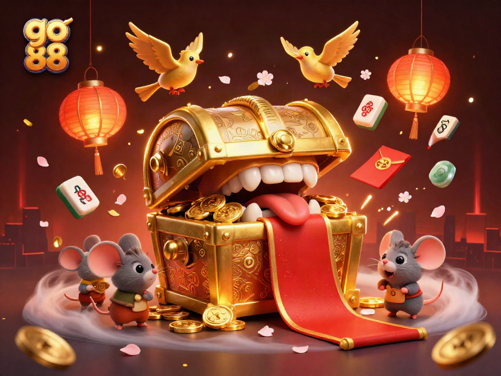 Engage with go 88's thrilling casino scene showcasing golden treasures and festive gambling elements