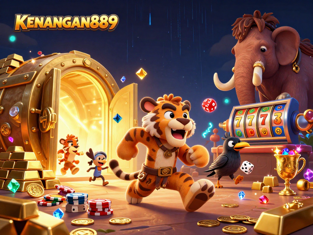 Experience thrilling gaming at KENANGAN889 with a vibrant prehistoric casino scene showcasing fun elements.