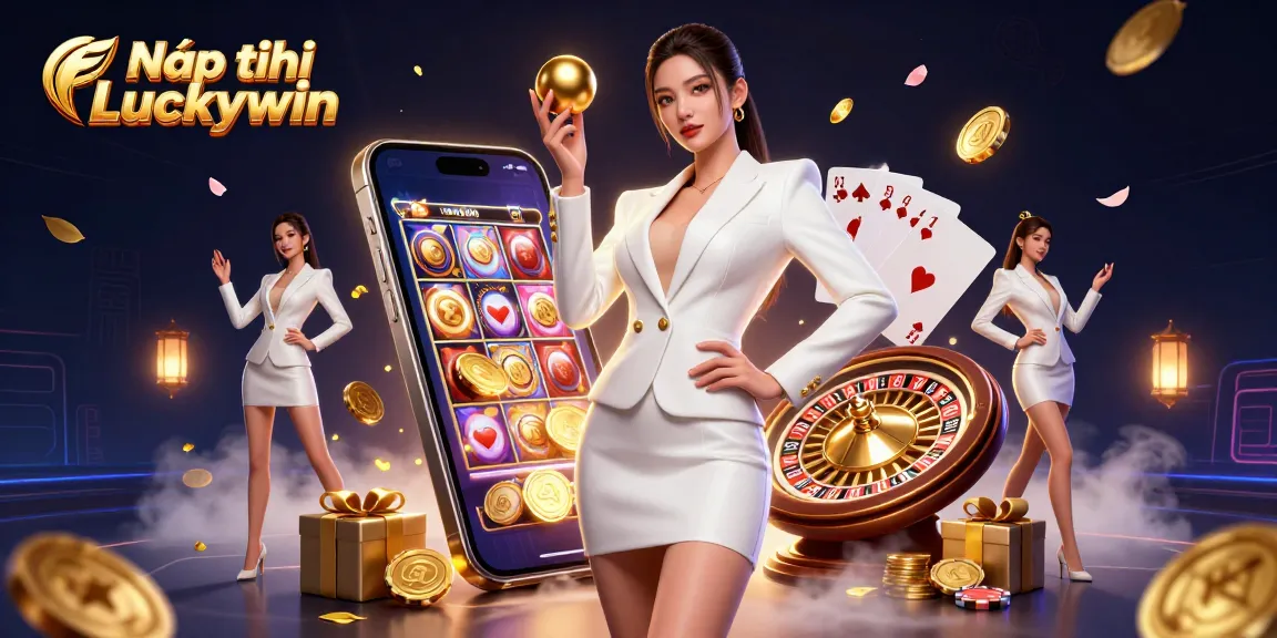 Nạp tiền Luckywin effortlessly while enjoying a vibrant casino atmosphere with a stunning Asian model and dynamic gaming elements.