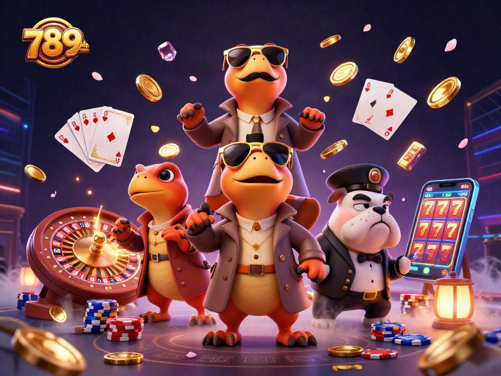 Winning at the 789club with fun casino characters in a vibrant digital illustration.
