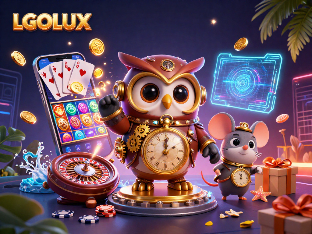 Experience winning with LGOLUX showcasing colorful slots, cards, and casino elements in a vibrant casino scene.